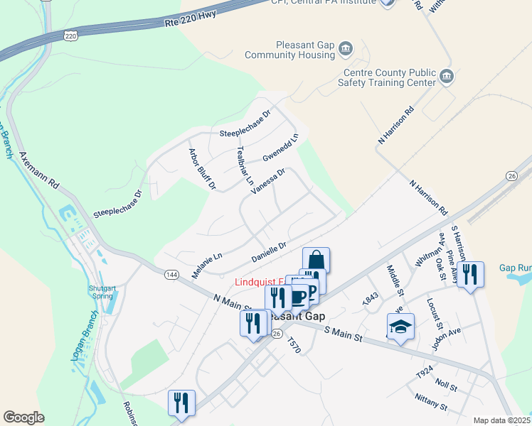 map of restaurants, bars, coffee shops, grocery stores, and more near 201-299 Sandra Ln in Bellefonte