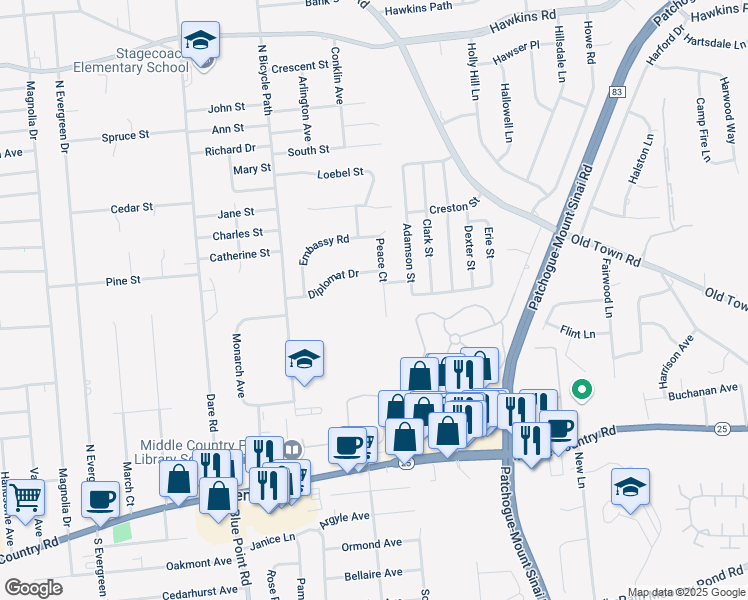 map of restaurants, bars, coffee shops, grocery stores, and more near 9 Peace Court in Selden