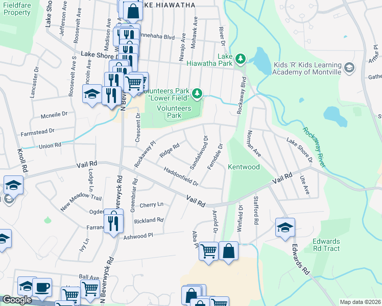map of restaurants, bars, coffee shops, grocery stores, and more near 17 Ridge Road in Parsippany-Troy Hills