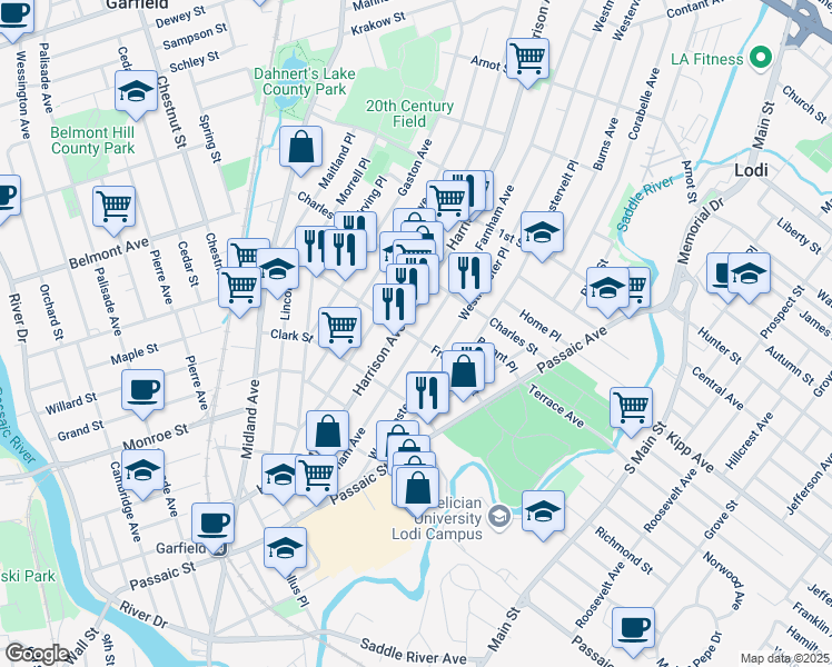 map of restaurants, bars, coffee shops, grocery stores, and more near 209 Harrison Avenue in Garfield