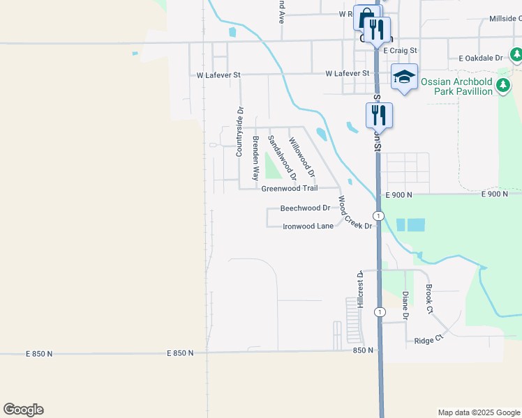 map of restaurants, bars, coffee shops, grocery stores, and more near 601 Greenwood Trail in Ossian