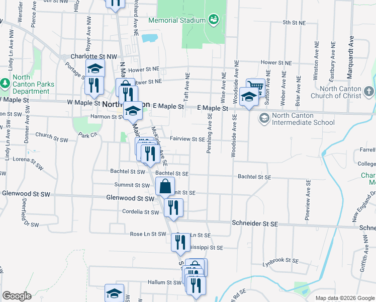 map of restaurants, bars, coffee shops, grocery stores, and more near 328 Fairview Street Southeast in North Canton