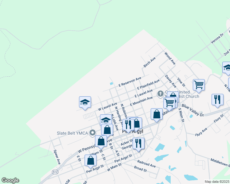 map of restaurants, bars, coffee shops, grocery stores, and more near 611 North Robinson Avenue in Pen Argyl