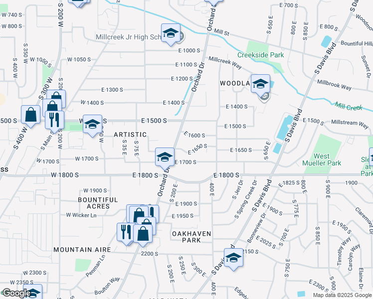 map of restaurants, bars, coffee shops, grocery stores, and more near 285 East 1650 South in Bountiful
