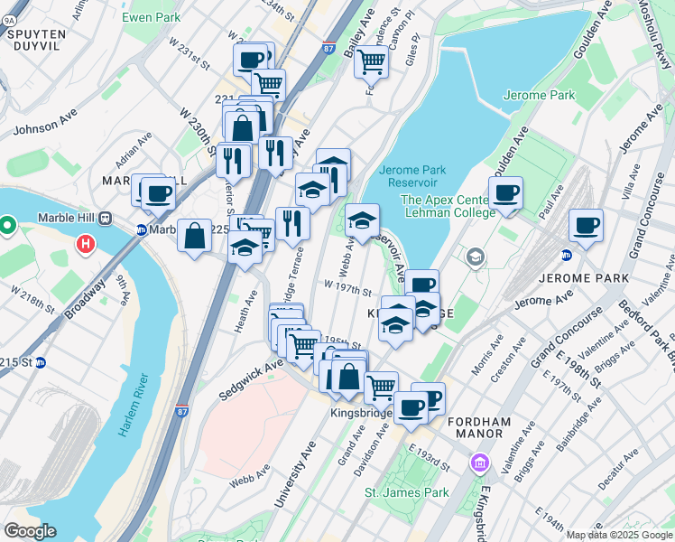map of restaurants, bars, coffee shops, grocery stores, and more near 2856 Webb Avenue in Bronx