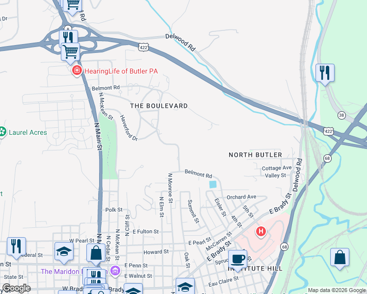 map of restaurants, bars, coffee shops, grocery stores, and more near 729 Belmont Road in Butler