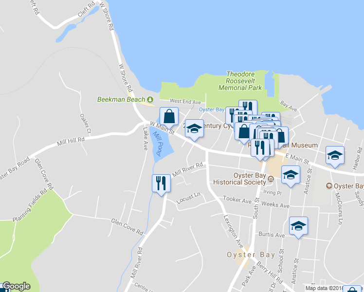 map of restaurants, bars, coffee shops, grocery stores, and more near 13 Ponds Edge Road in Oyster Bay