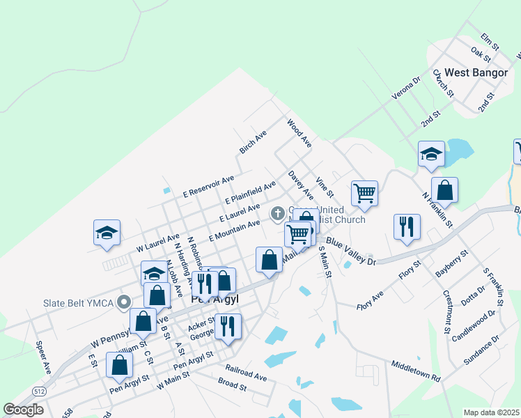 map of restaurants, bars, coffee shops, grocery stores, and more near 404 East Laurel Avenue in Pen Argyl
