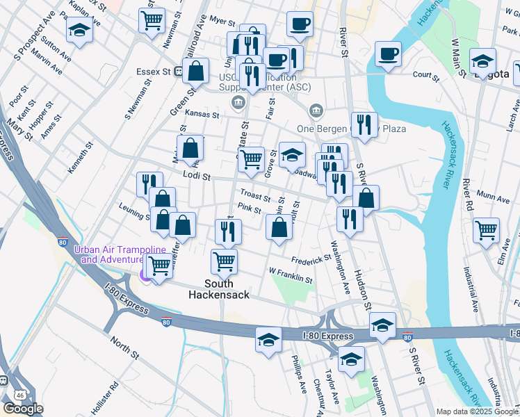 map of restaurants, bars, coffee shops, grocery stores, and more near 86 Pink Street in Hackensack