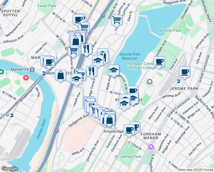 map of restaurants, bars, coffee shops, grocery stores, and more near 2856 Webb Avenue in Bronx