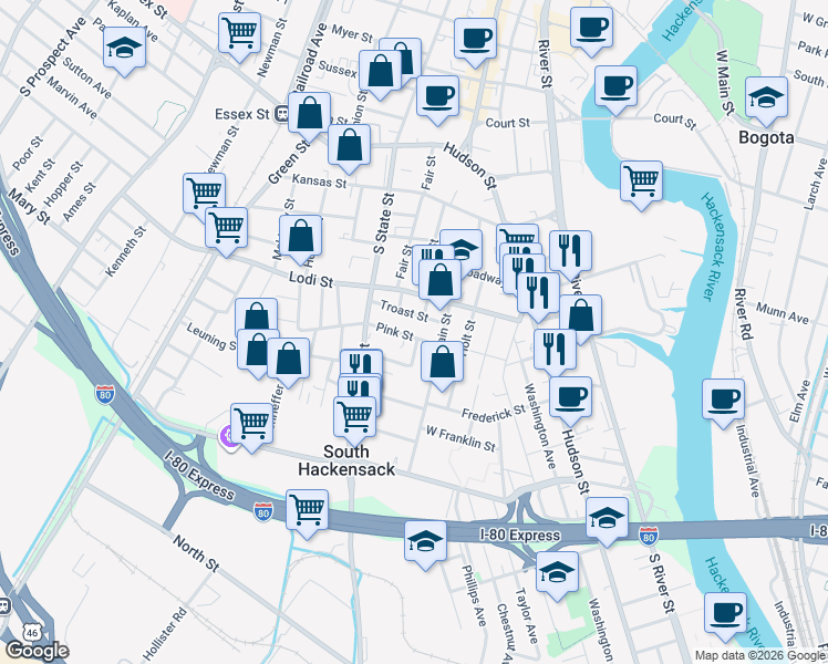 map of restaurants, bars, coffee shops, grocery stores, and more near 84 Pink Street in Hackensack