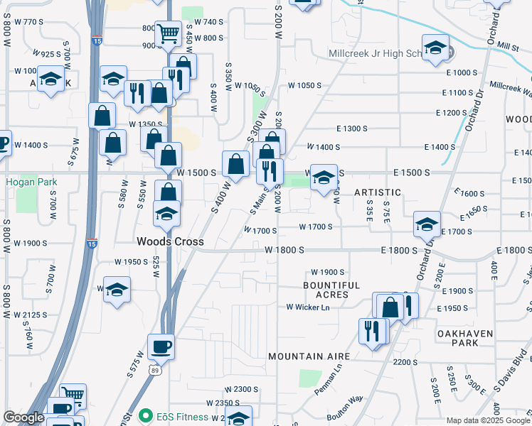 map of restaurants, bars, coffee shops, grocery stores, and more near 1595 South Main Street in Bountiful