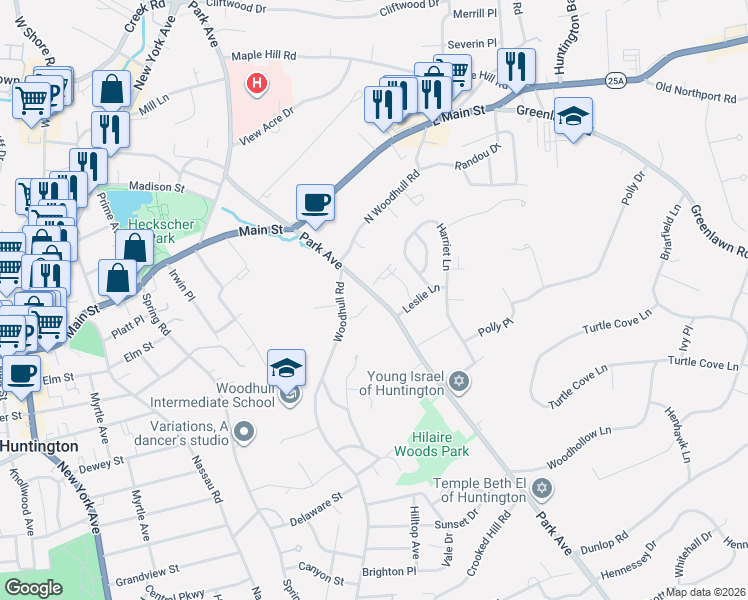 map of restaurants, bars, coffee shops, grocery stores, and more near 478 Park Avenue in Huntington
