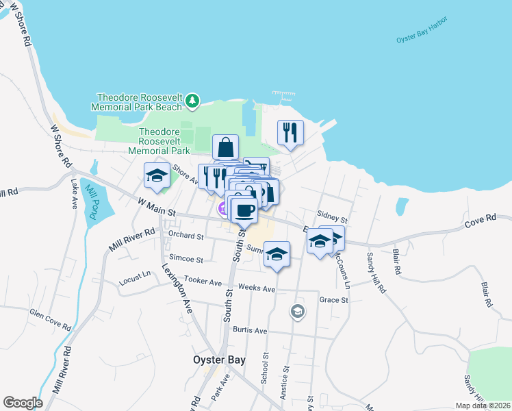map of restaurants, bars, coffee shops, grocery stores, and more near 60 South Street in Oyster Bay