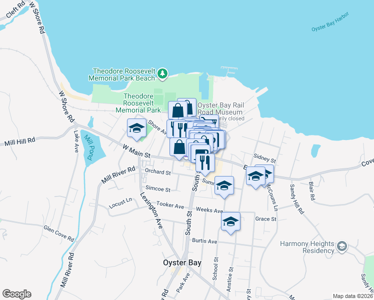 map of restaurants, bars, coffee shops, grocery stores, and more near 54 Audrey Avenue in Oyster Bay