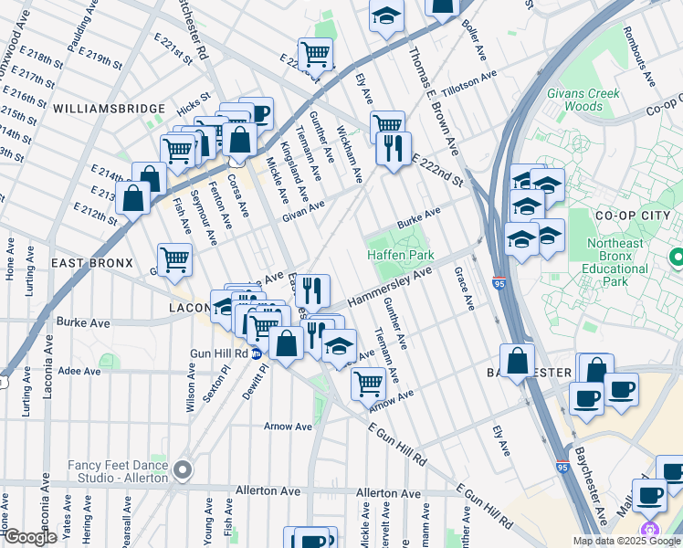 map of restaurants, bars, coffee shops, grocery stores, and more near 3150 Kingsland Avenue in Bronx