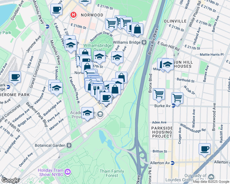 map of restaurants, bars, coffee shops, grocery stores, and more near in The Bronx