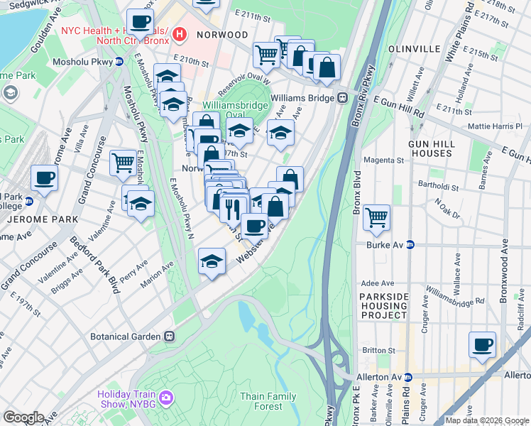 map of restaurants, bars, coffee shops, grocery stores, and more near in The Bronx