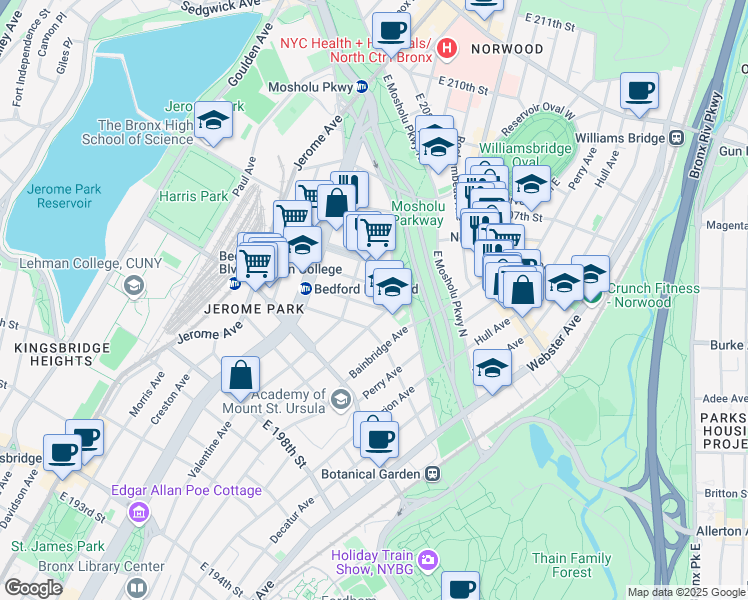 map of restaurants, bars, coffee shops, grocery stores, and more near 265 East 203rd Street in Bronx