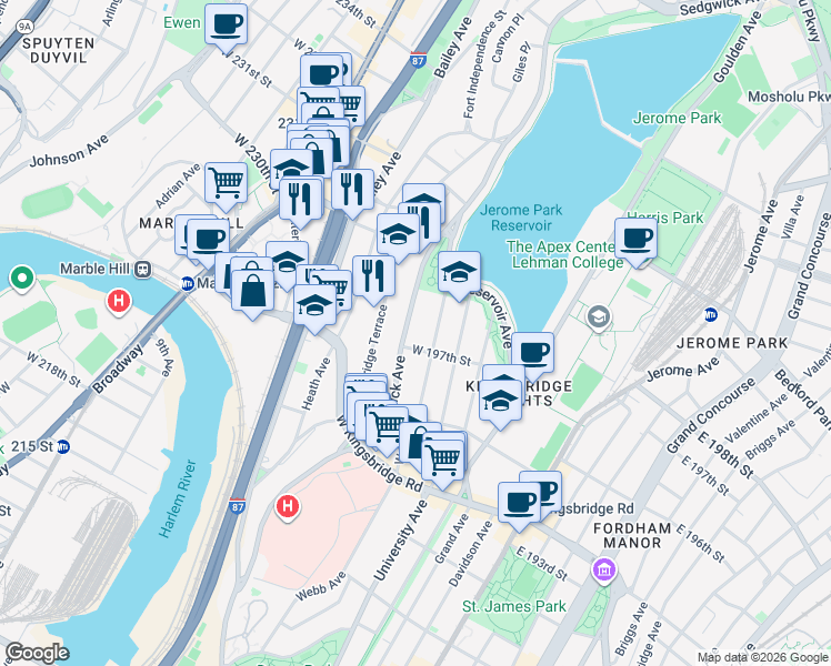 map of restaurants, bars, coffee shops, grocery stores, and more near 2835 Sedgwick Avenue in Bronx