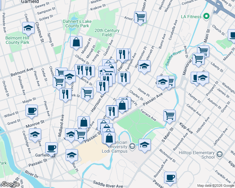 map of restaurants, bars, coffee shops, grocery stores, and more near 186 Farnham Avenue in Lodi Borough