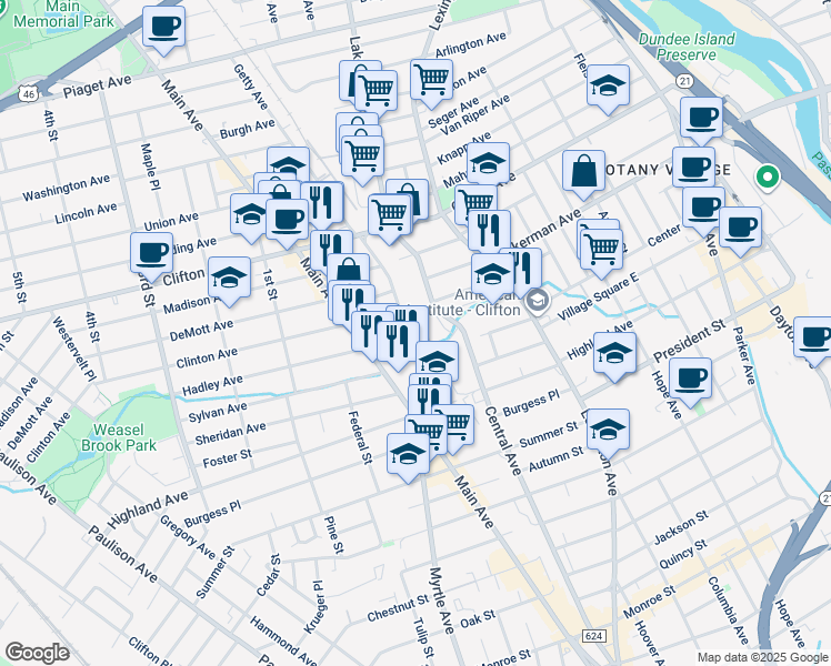 map of restaurants, bars, coffee shops, grocery stores, and more near 111 Russell Street in Clifton