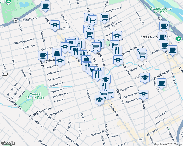 map of restaurants, bars, coffee shops, grocery stores, and more near 8 Grace Avenue in Clifton