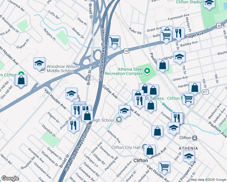 map of restaurants, bars, coffee shops, grocery stores, and more near 36 Barrister Street in Clifton