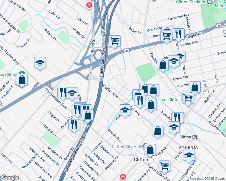 map of restaurants, bars, coffee shops, grocery stores, and more near 36 Barrister Street in Clifton