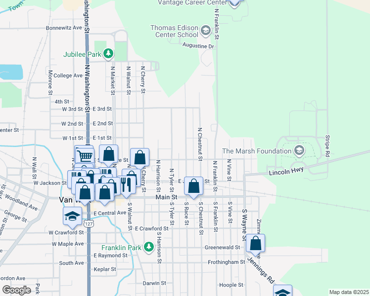 map of restaurants, bars, coffee shops, grocery stores, and more near 343 North Race Street in Van Wert