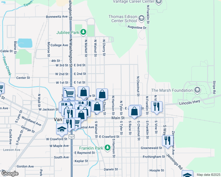 map of restaurants, bars, coffee shops, grocery stores, and more near 335 North Harrison Street in Van Wert