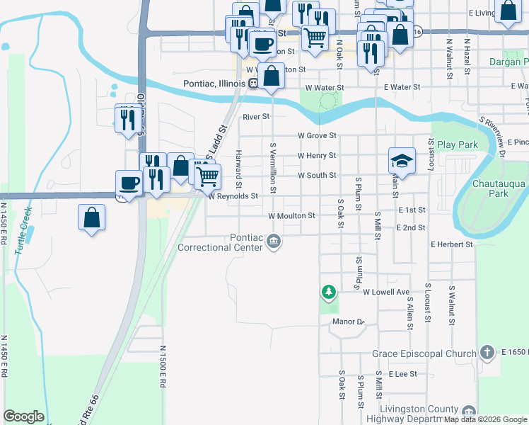 map of restaurants, bars, coffee shops, grocery stores, and more near 717 West Moulton Street in Pontiac