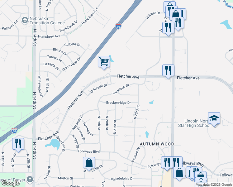 map of restaurants, bars, coffee shops, grocery stores, and more near 2080 Gunnison Drive in Lincoln