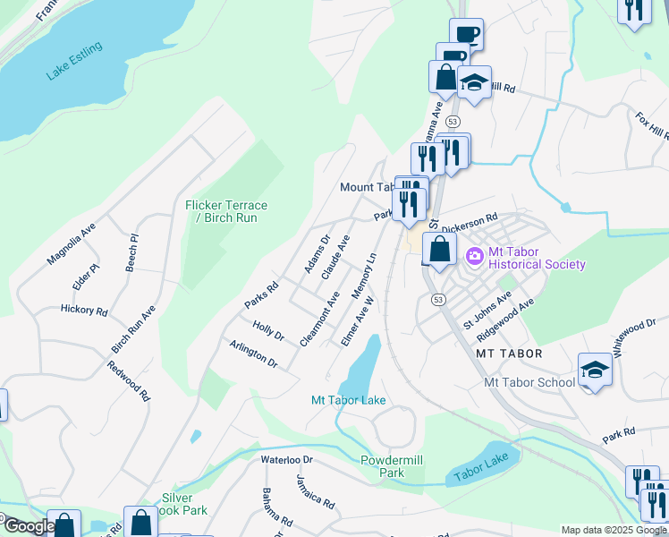 map of restaurants, bars, coffee shops, grocery stores, and more near 59 Claude Avenue in Denville