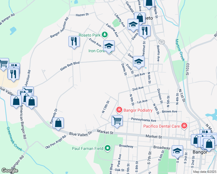 map of restaurants, bars, coffee shops, grocery stores, and more near 100 Shoup Street in Bangor