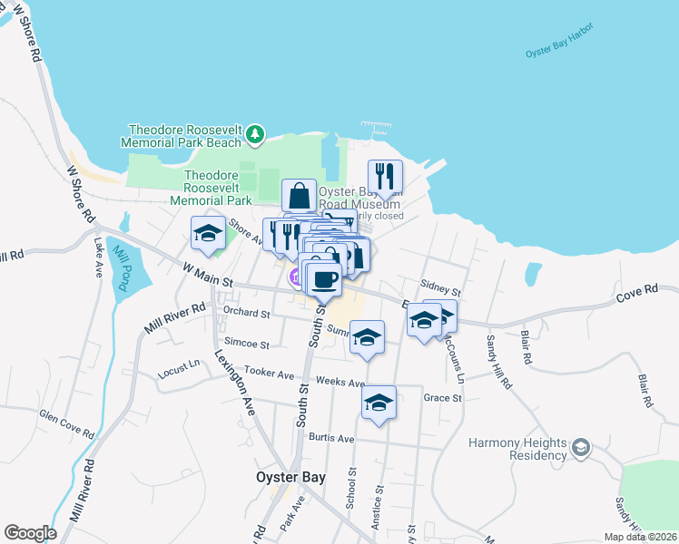 map of restaurants, bars, coffee shops, grocery stores, and more near 60 South Street in Oyster Bay