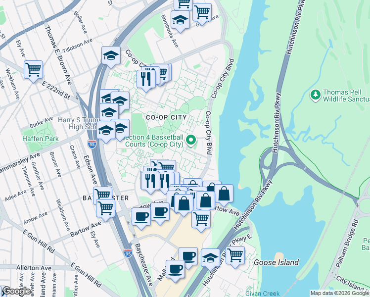 map of restaurants, bars, coffee shops, grocery stores, and more near 1 Bellamy Loop in Bronx