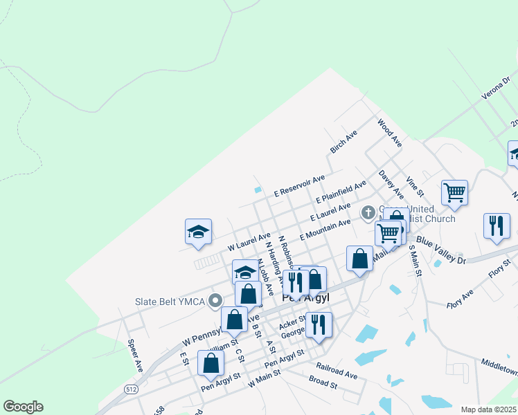 map of restaurants, bars, coffee shops, grocery stores, and more near 606 North Harding Avenue in Pen Argyl