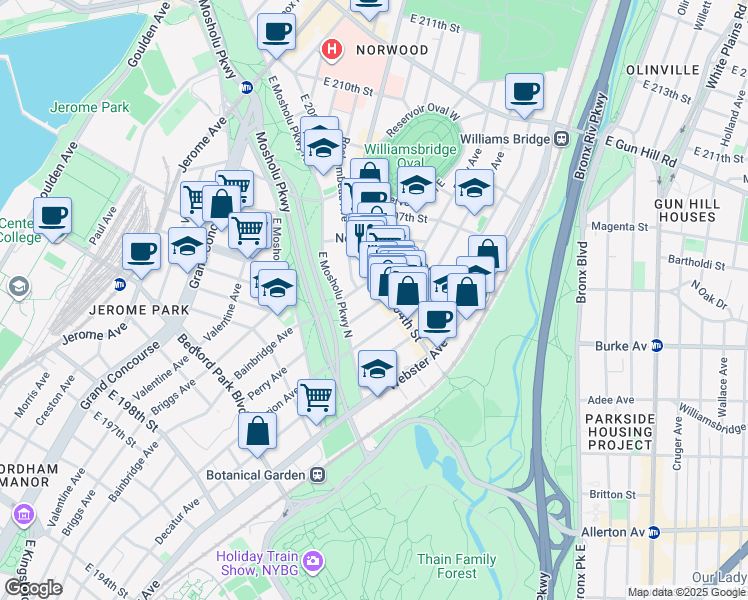 map of restaurants, bars, coffee shops, grocery stores, and more near 3066 Bainbridge Avenue in Bronx