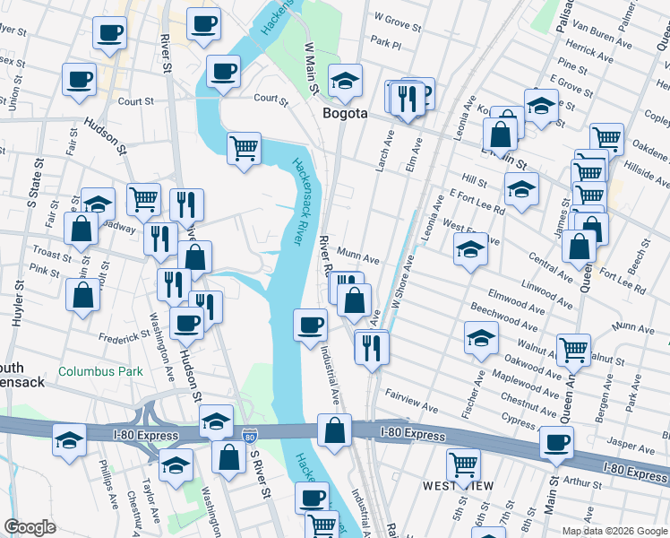 map of restaurants, bars, coffee shops, grocery stores, and more near 136 River Road in Bogota