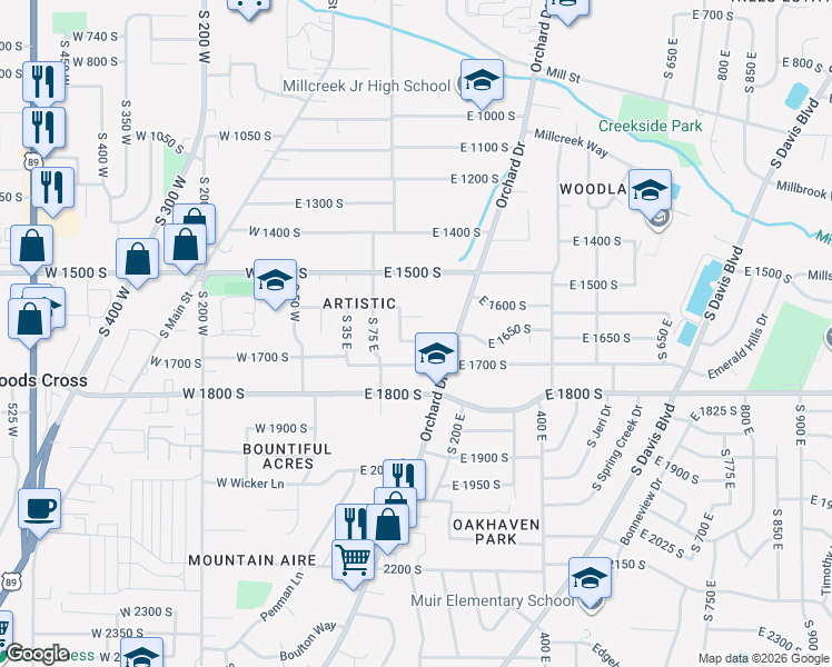 map of restaurants, bars, coffee shops, grocery stores, and more near 141 East 1650 South in Bountiful