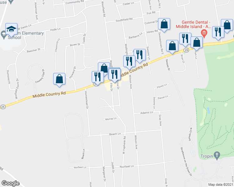 map of restaurants, bars, coffee shops, grocery stores, and more near 24 Erna Drive in Coram