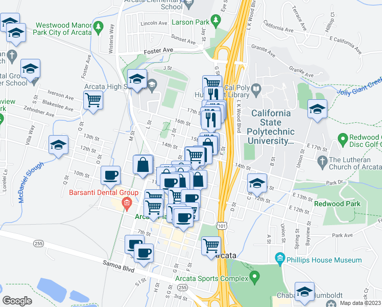 map of restaurants, bars, coffee shops, grocery stores, and more near 1395 H Street in Arcata