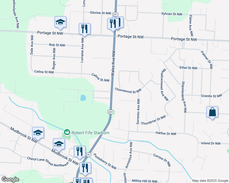 map of restaurants, bars, coffee shops, grocery stores, and more near 6985 Thornwood Street Northwest in Canton