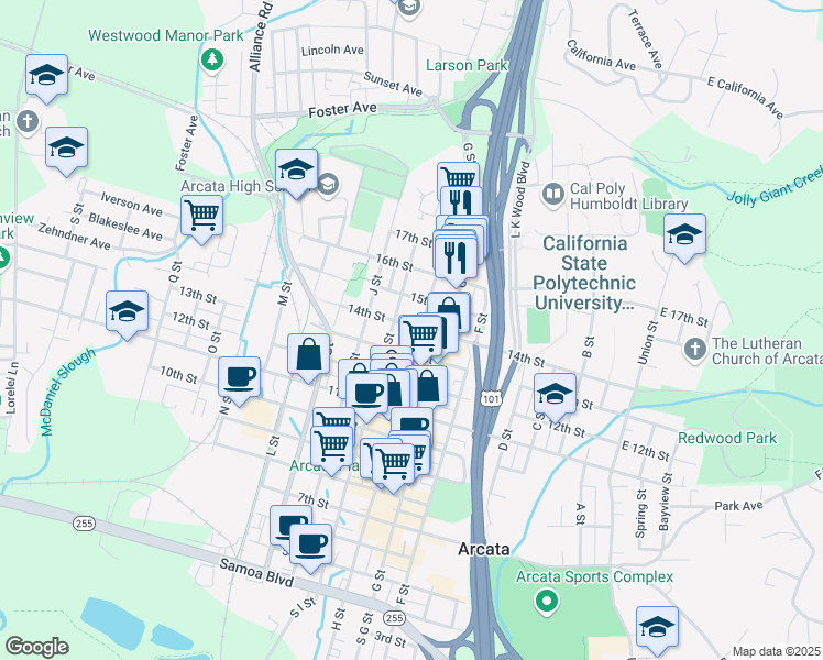 map of restaurants, bars, coffee shops, grocery stores, and more near 1395 H Street in Arcata