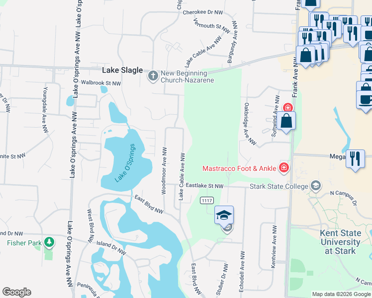 map of restaurants, bars, coffee shops, grocery stores, and more near 6386 Lake Cable Avenue Northwest in Canton