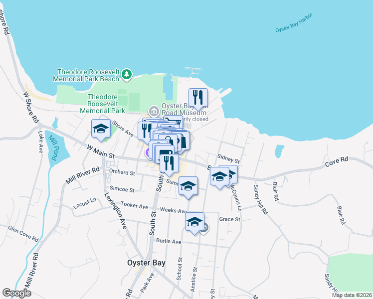 map of restaurants, bars, coffee shops, grocery stores, and more near 42 Elsie Avenue in Oyster Bay