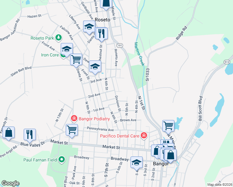 map of restaurants, bars, coffee shops, grocery stores, and more near 517 Division Street in Bangor