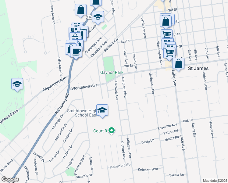 map of restaurants, bars, coffee shops, grocery stores, and more near 8 Cleveland Street in Saint James
