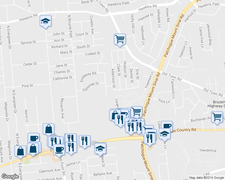 map of restaurants, bars, coffee shops, grocery stores, and more near 35 Adamson Street in Selden